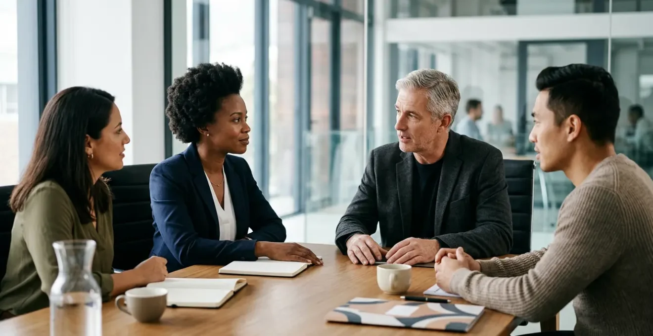 Dirigeants et représentants du personnel engagés dans un dialogue constructif autour d'une table de réunion
