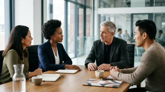 Dirigeants et représentants du personnel engagés dans un dialogue constructif autour d'une table de réunion