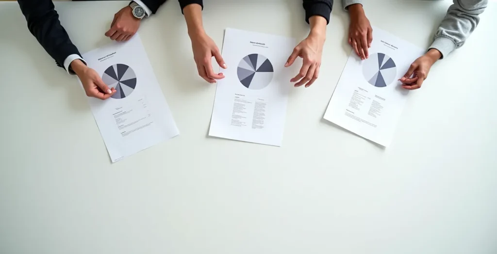 Table de négociation vue du dessus avec documents et mains en discussion Table de négociation vue du dessus avec documents et mains en discussion