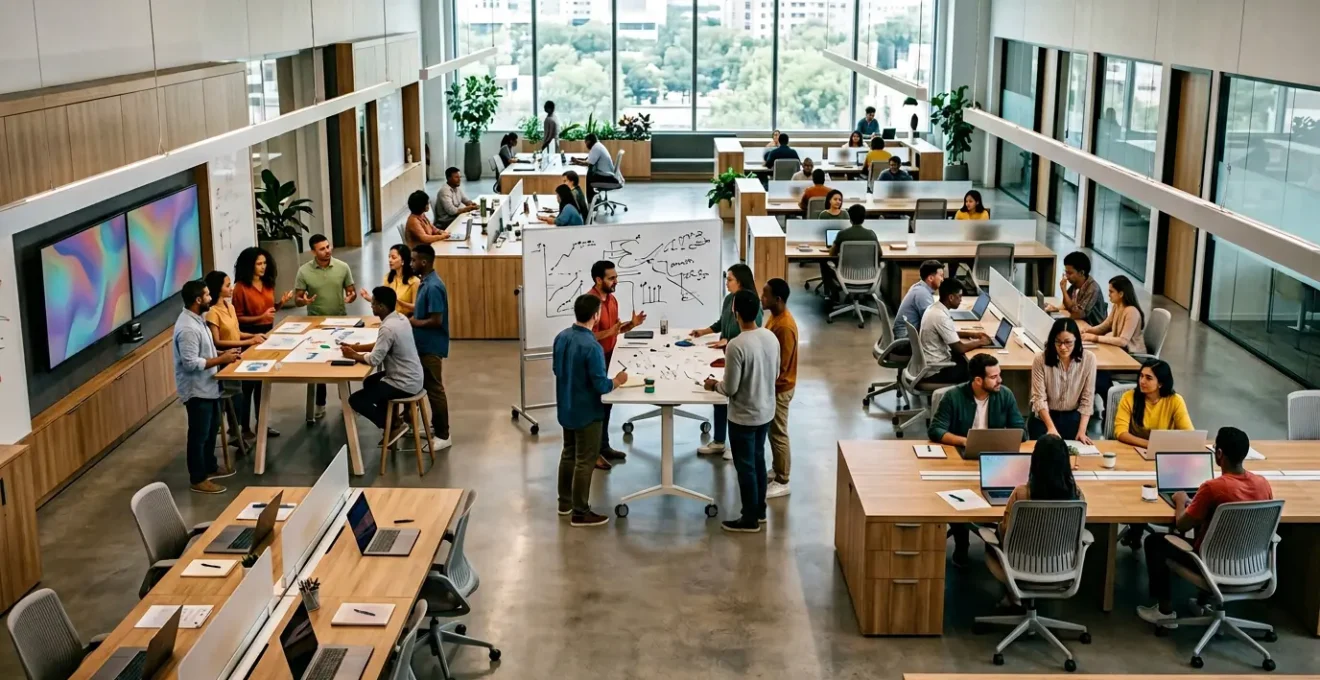 Vue d'ensemble d'équipes collaborant autour d'objectifs stratégiques partagés en entreprise