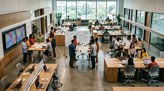 Vue d'ensemble d'équipes collaborant autour d'objectifs stratégiques partagés en entreprise