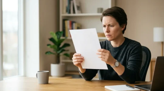 Personne examinant attentivement un document financier pour détecter les anomalies
