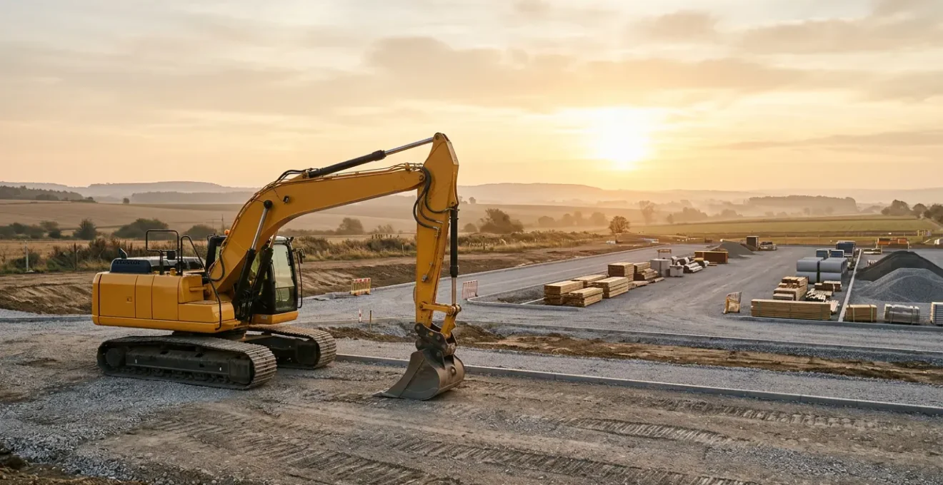 Engin de chantier moderne sur terrain sécurisé illustrant la prévention des risques professionnels