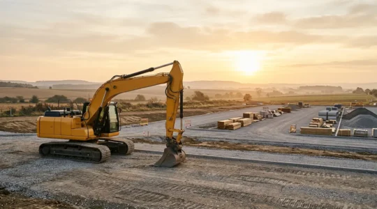 Engin de chantier moderne sur terrain sécurisé illustrant la prévention des risques professionnels