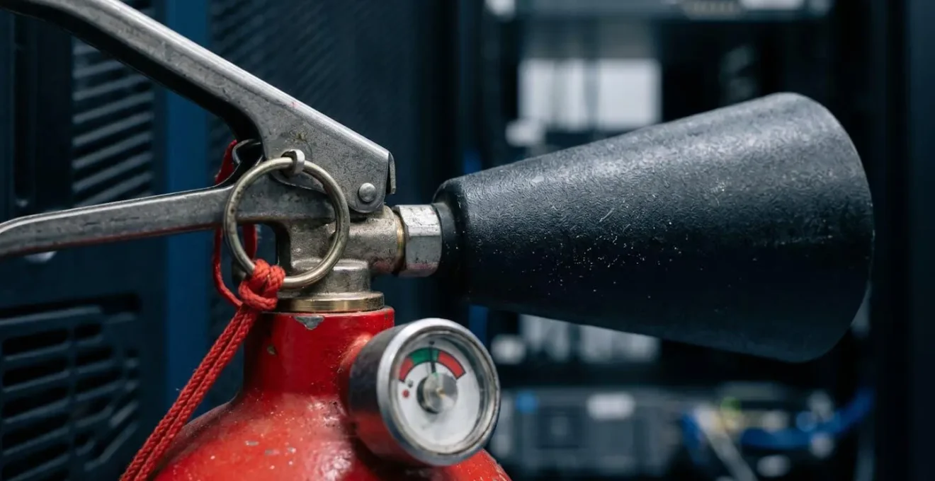 Gros plan sur un extincteur CO2 installé dans un environnement technique sensible
