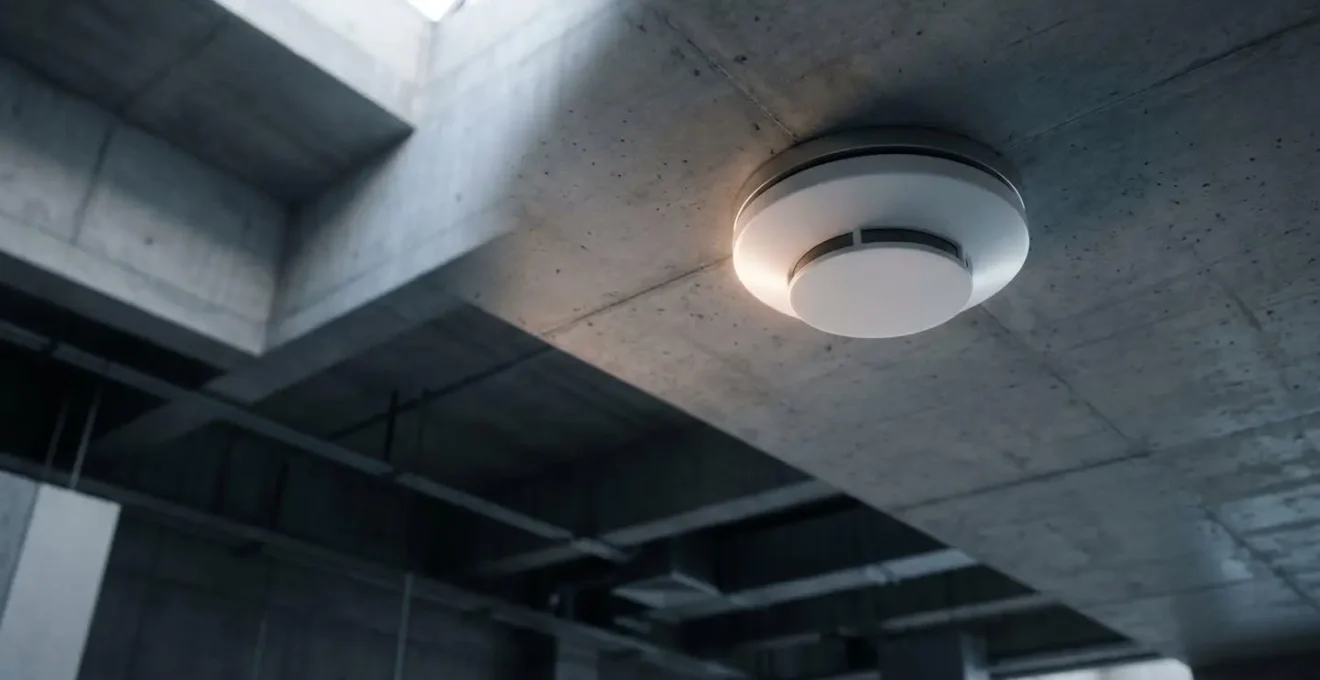 Détecteur de fumée professionnel installé au plafond d'un bâtiment industriel avec système de maintenance préventive