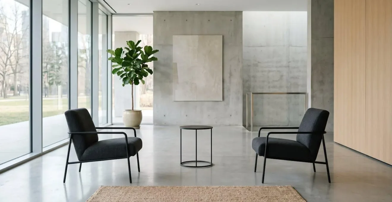 Environnement d'entretien professionnel minimaliste avec chaises face à face et lumière naturelle apaisante