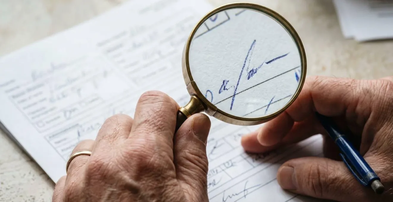 Verification minutieuse de documents administratifs avec loupe sur bureau eclaire