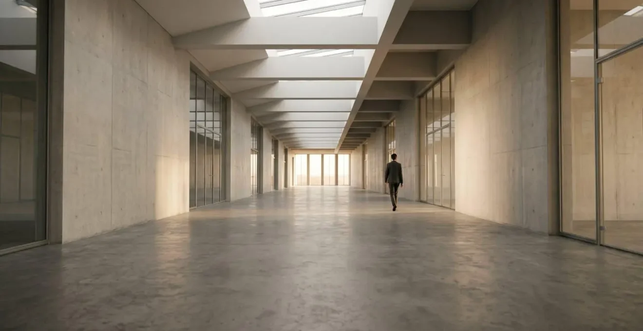 Perspective environnementale minimaliste suggérant un parcours professionnel structuré avec espace négatif dominant
