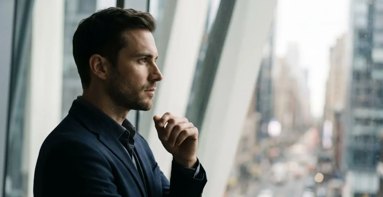 Profil d'un manager en costume debout devant une fenêtre, regard déterminé tourné vers l'horizon, lumière naturelle créant un contraste dramatique