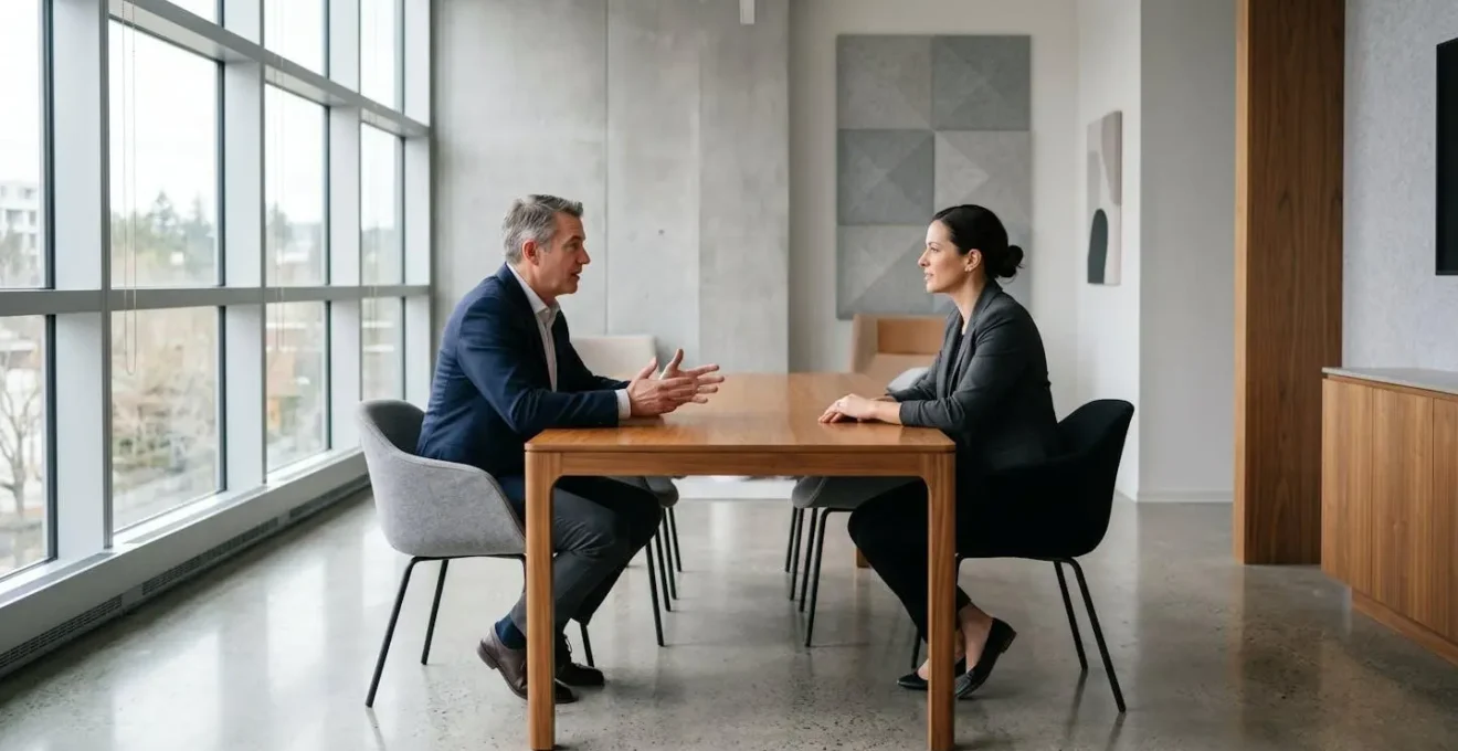 Discussion professionnelle collaborative entre salarié et manager dans un environnement de travail contemporain