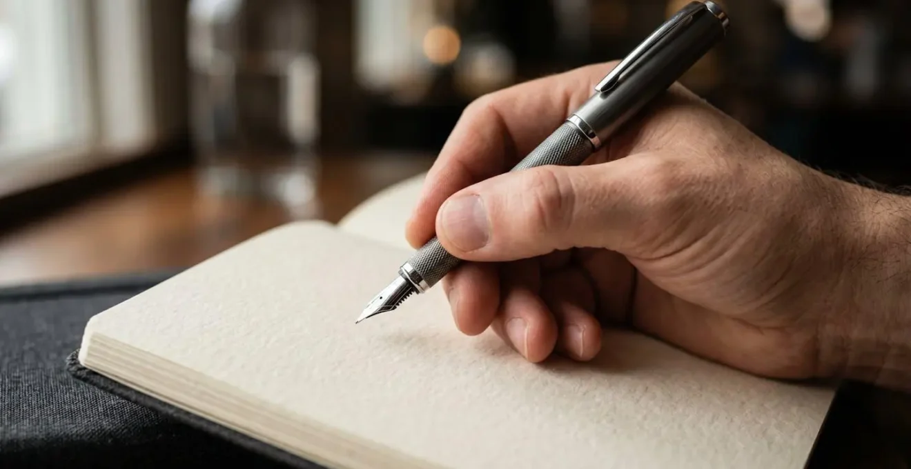 Vue macro d'une main tenant un stylo au-dessus d'un carnet vierge, lumière douce créant des ombres subtiles, évoquant l'observation et la réflexion