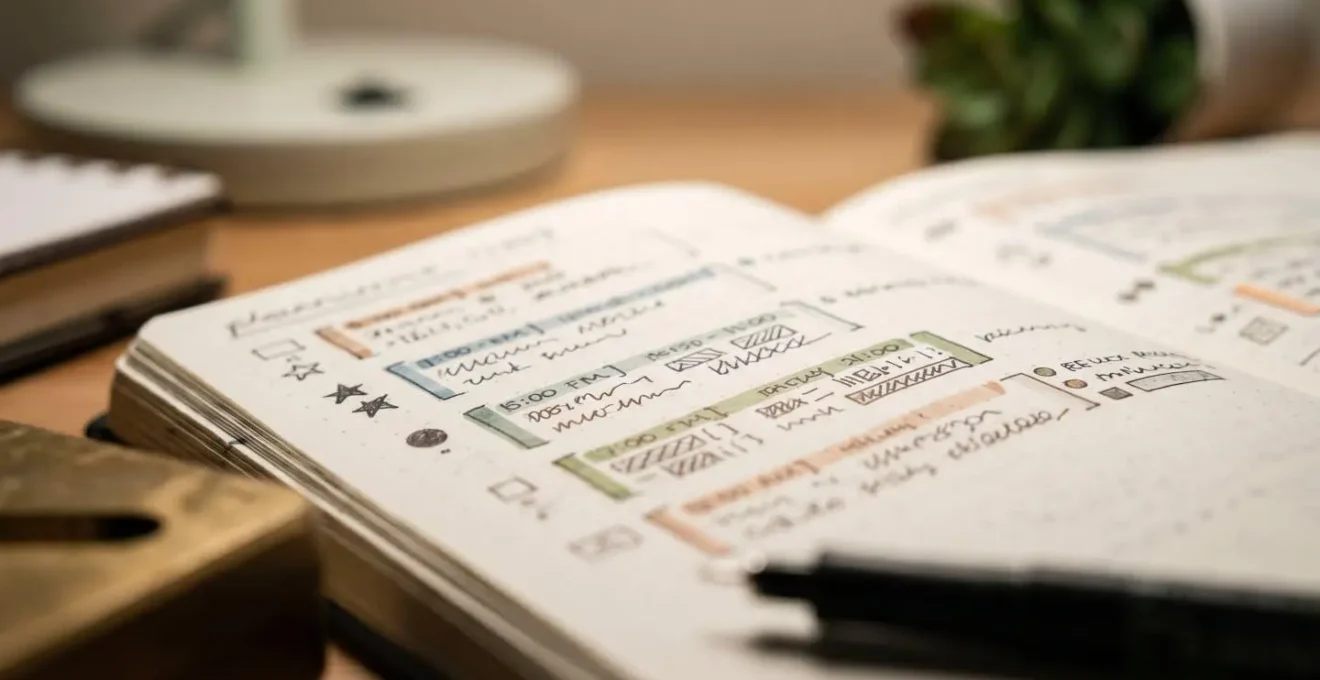 Vue macro d'un agenda papier ouvert montrant une organisation par blocs de temps dédiés à l'étude