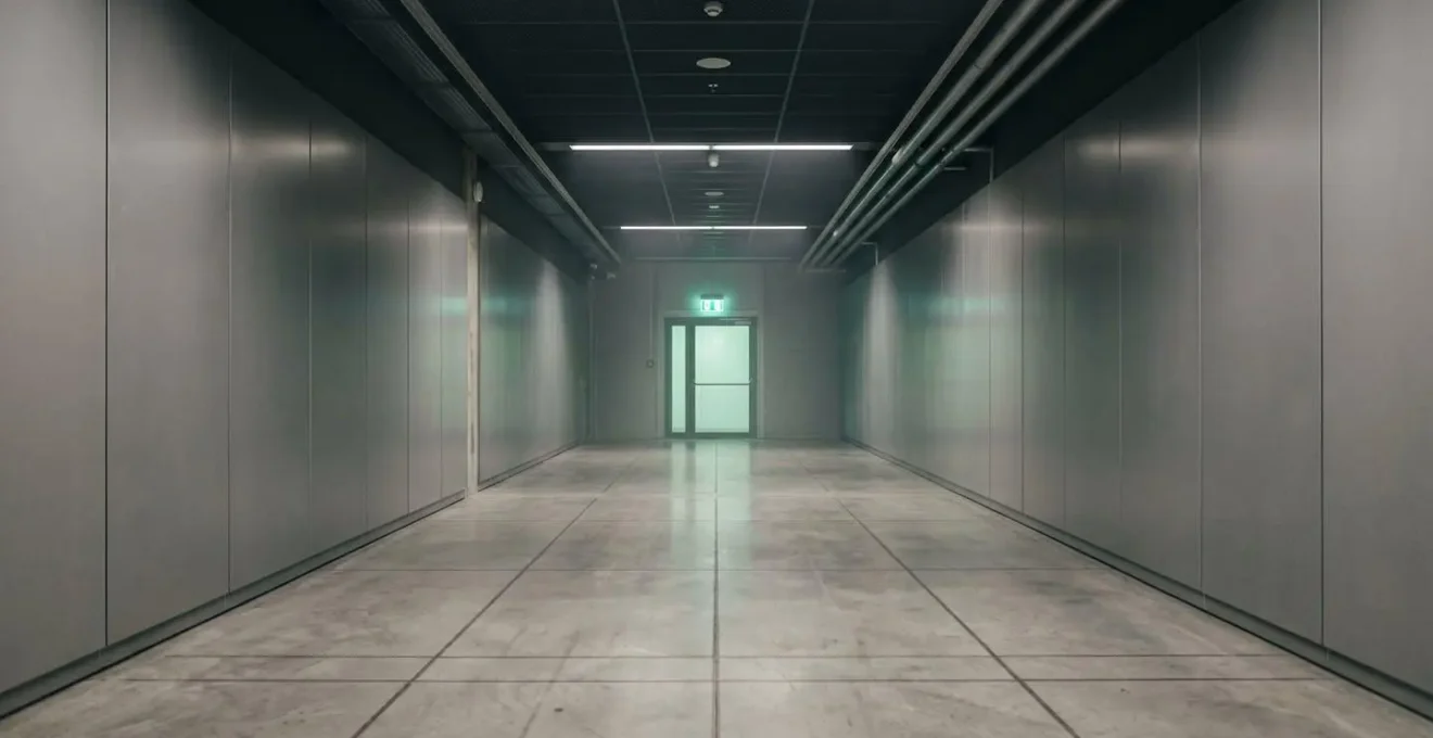Environnement professionnel montrant un corridor d'évacuation dégagé vers une sortie de secours