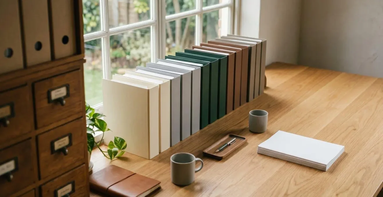 Environnement de bureau avec archives professionnelles et documents administratifs soigneusement organisés
