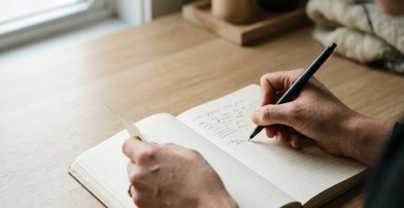 Mains écrivant dans un journal de réflexion, symbolisant le travail d'introspection et de reconstruction de l'estime de soi