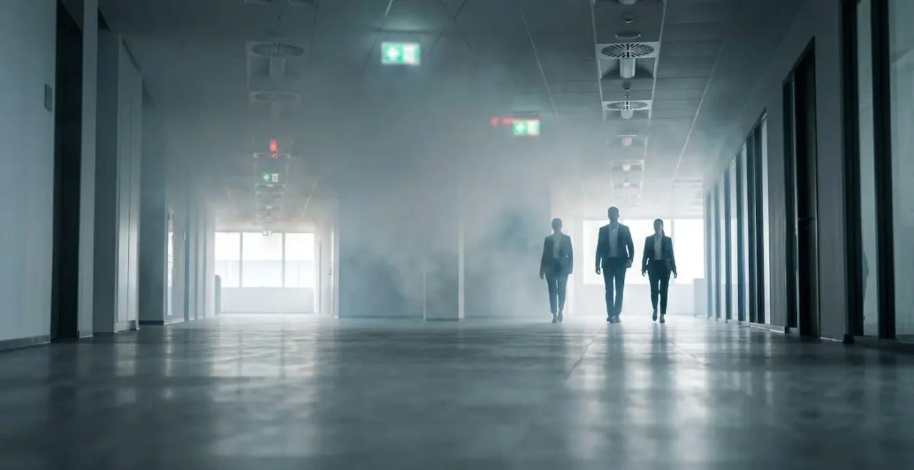 Simulation d'exercice d'évacuation avec fumée froide dans un couloir d'entreprise pour tester les réflexes des équipes