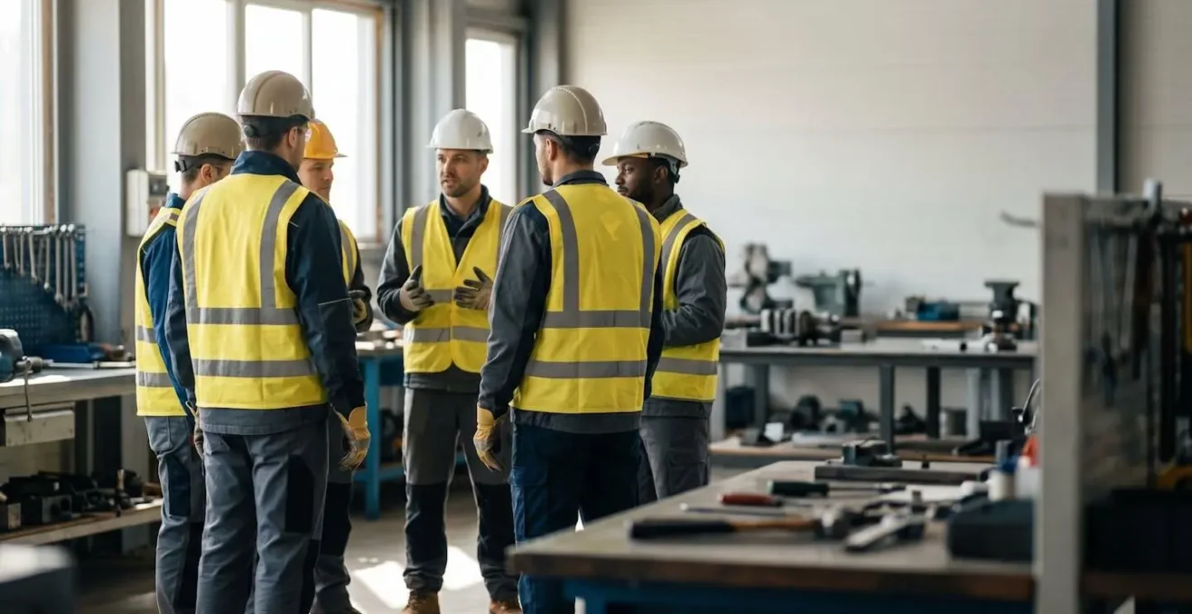 Groupe de travailleurs en cercle discutant de manière collaborative dans un environnement industriel lumineux
