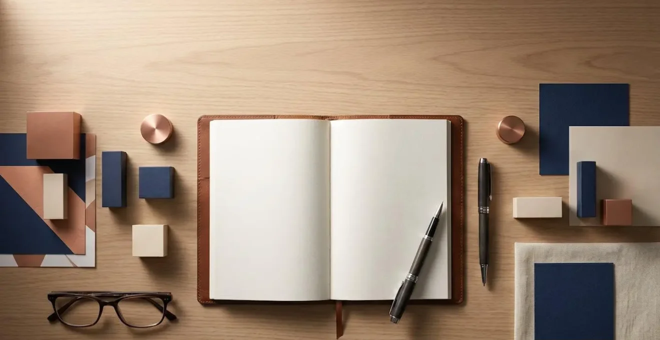 Disposition méthodique de carnets et d'outils de travail symbolisant la transformation d'expériences de stage en compétences professionnelles