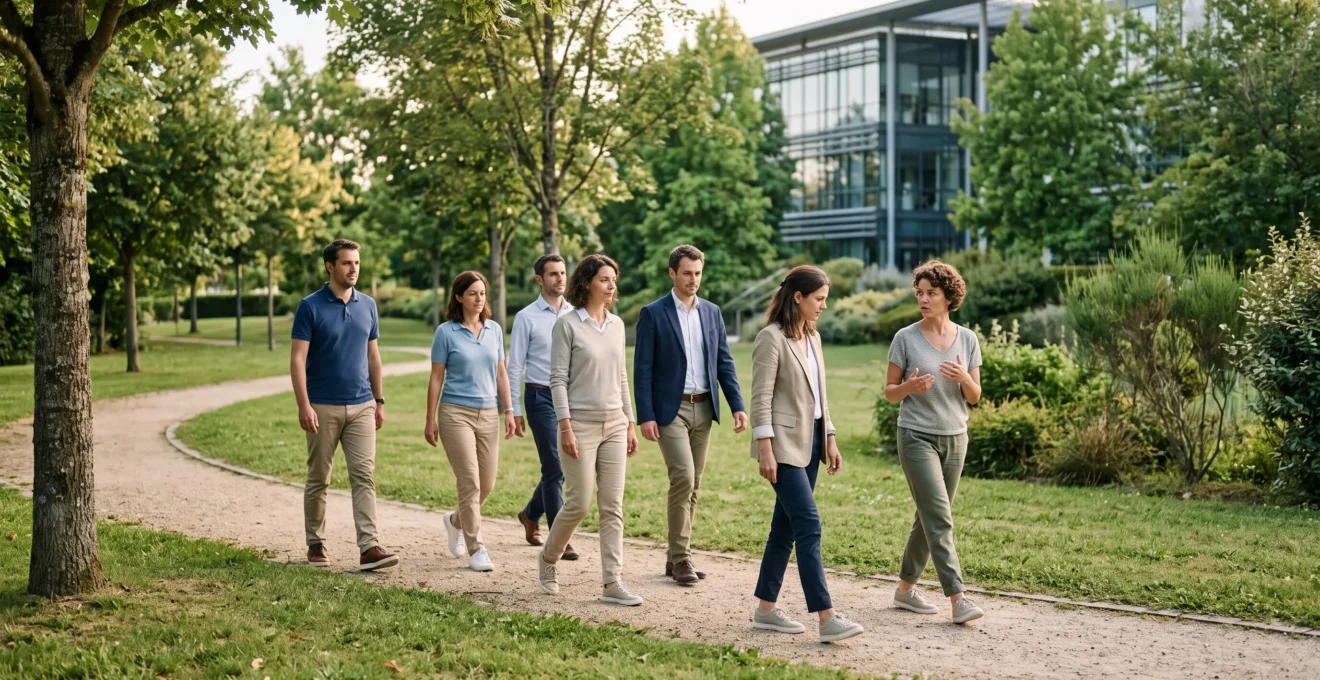 Groupe de collaborateurs en activité de marche consciente guidée dans un espace vert d'entreprise lors d'un séminaire bien-être