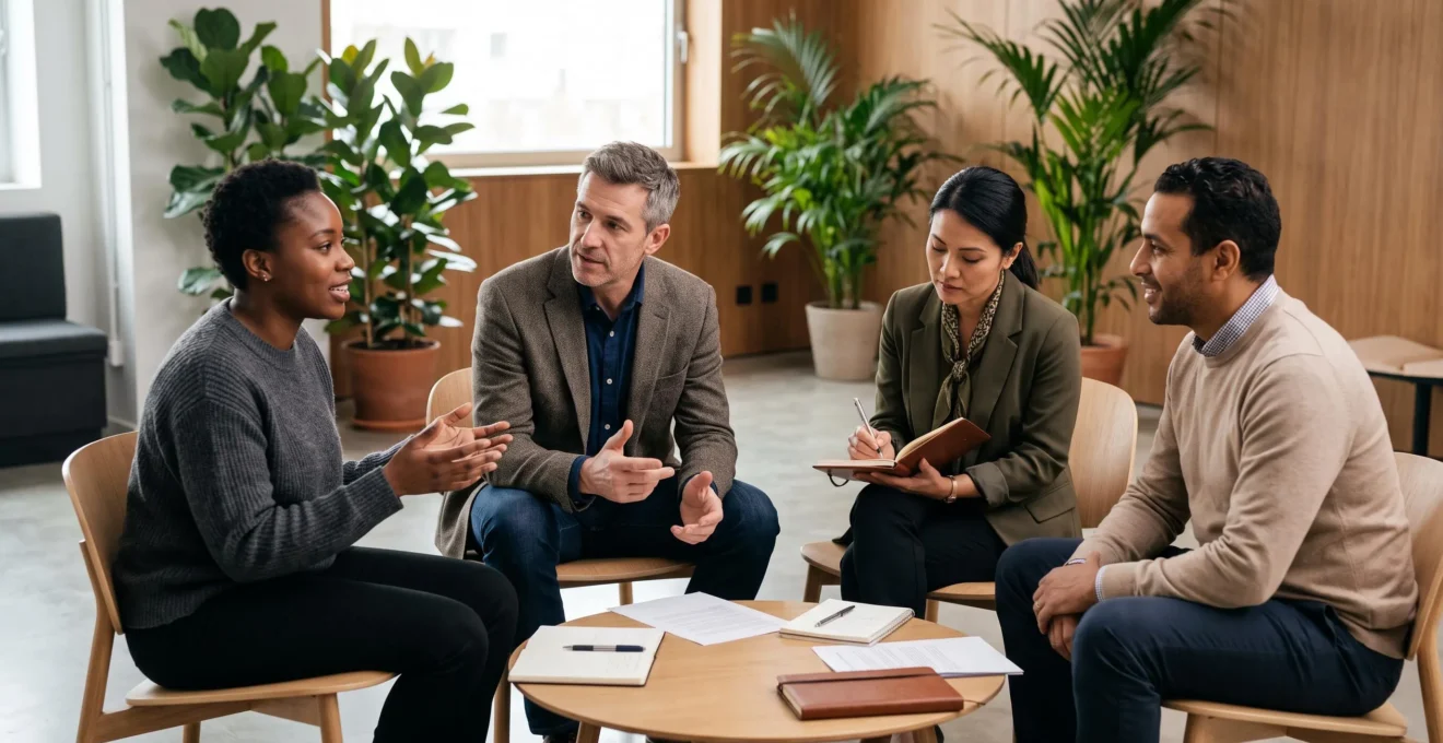 Petit groupe de collaborateurs en atelier d'échange interactif lors d'un séminaire bien-être en entreprise