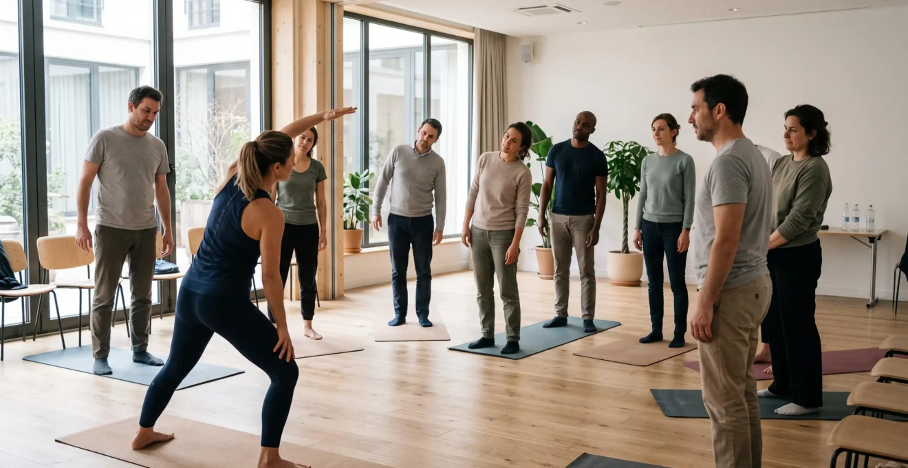 Groupe de collaborateurs participant à une séance de stretching guidée dans un espace de séminaire bien-être lumineux