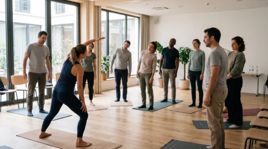 Groupe de collaborateurs participant à une séance de stretching guidée dans un espace de séminaire bien-être lumineux